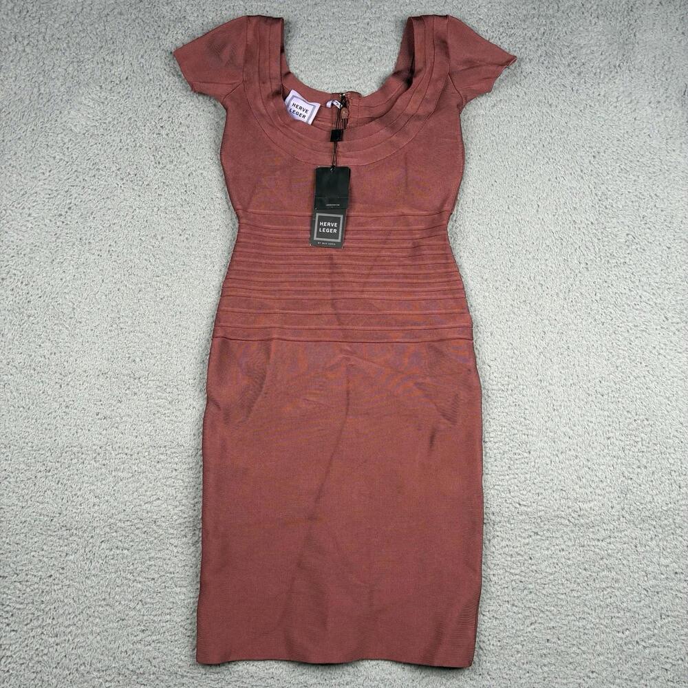 Herve Leger Bandage Midi‎ Dress Rust Bodycon Cap Sleeve Zip Back Woman's XS NWT